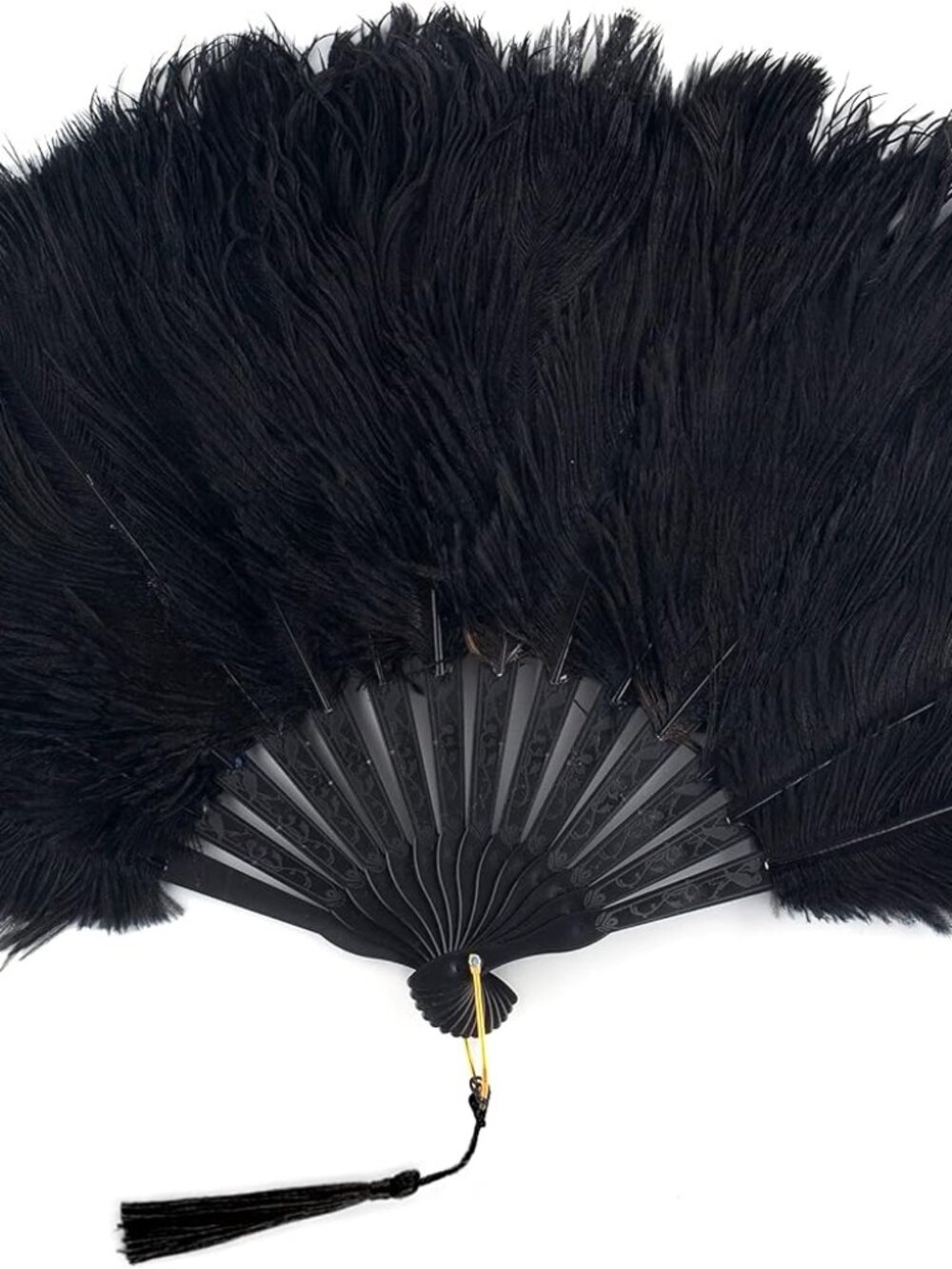 BABEYOND Black Ostrich Feather Folding Fan 20in